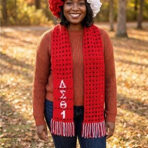 Red Crochet Scarf with Greek Letters